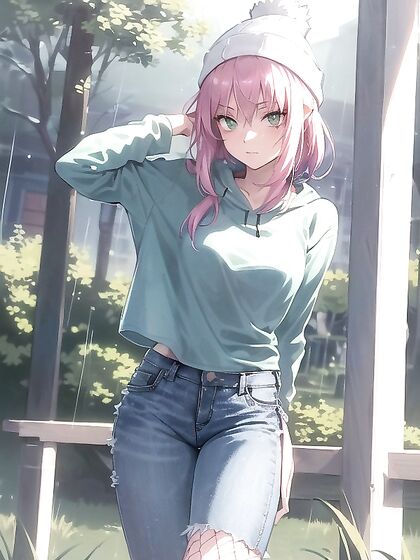 Freckled Cutie in Green Clothes and Oversized Hoodie Nails Hentai AI Image