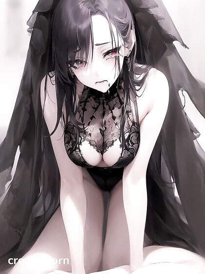 Goth Bride with Smudged Makeup Gives Heartfelt Kneeling Blowjob Hentai
