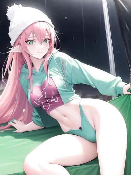 Pastel Green Hoodie Wears Her Extra Large Clothes in steamy Hentai AI Image