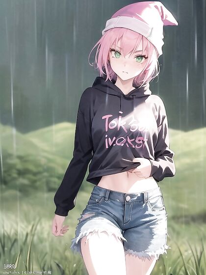 Freckled Beauty in Green Clothing Wears Extra Large Hoodie for Hot Hentai AI Image
