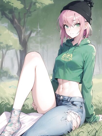 Freckled Girl 18+ in Green Clothing Wears Extra Large Hoodie for Steamy Hentai AI Image