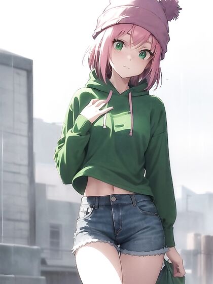 Freckled Beauty in Green Clothes and Oversized Hoodie for Steamy Hentai AI Image