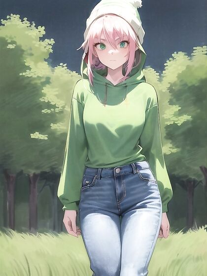Freckled Beauty in Green Clothes and XL Hoodie for Steamy Hentai AI Image