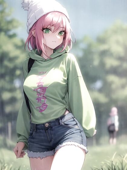 Freckled beauty in green pastel attire seduces in hentai ecstasy