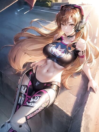 Sunset Seduction - Playful Smirk and Neon Pink Glow Enhance Her Alluring Features