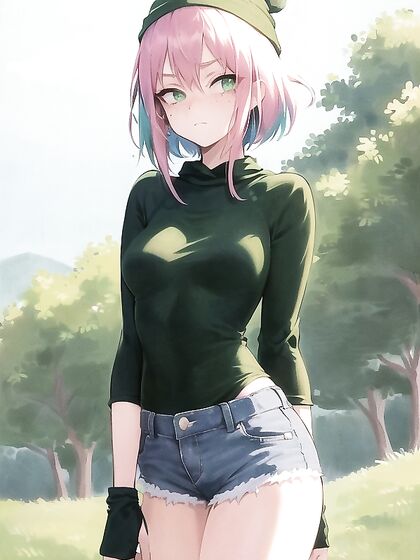Freckled Girl 18+ in Green Clothes Wears Oversized Hoodie for Sexy Hentai AI Image