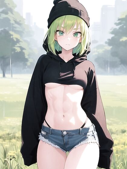 Freckled Beauty in Green Clothing and Oversized Hoodie for Hot Hentai AI Image