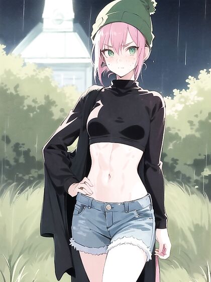 Pastel-Colored Cutie in Green Hoodie seduces You in Busty Hentai AI Image