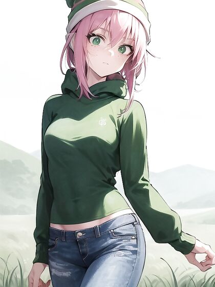 Freckled Beauty in Green Outfit Exploring Pastel-Colored Hentai Pleasures