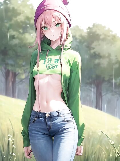 Freckled beauty in pastel hues wrapped in an extra-large hoodie for steamy hentai fun
