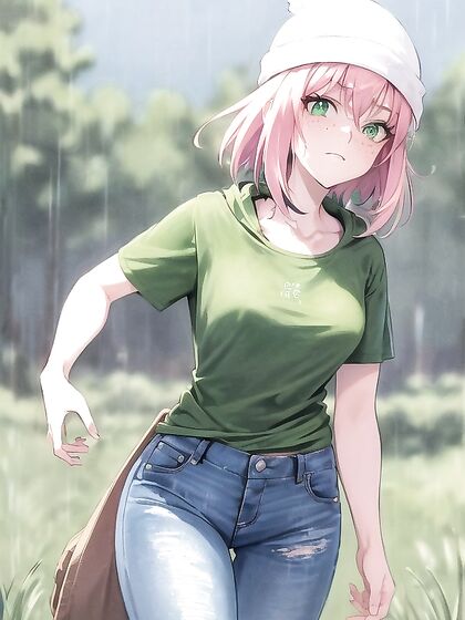 Freckled Beauty in Extra Large Hoodie and Green Outfit seduces in Hentai AI Image