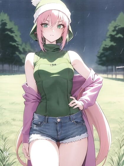 Freckled Beauty in Green and Pastel-Colored Outfit for Sensual Hentai Pleasure