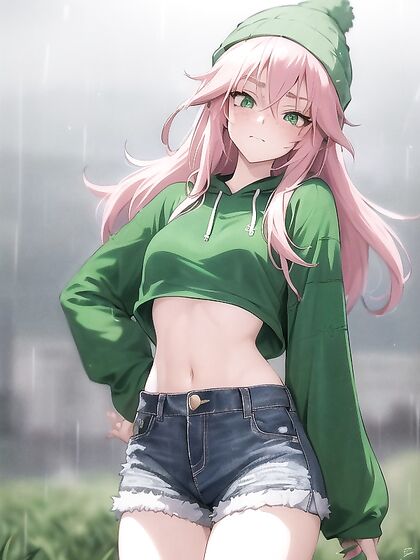 Freckled Beauty in Green Outfit Exploring Pastel-Colored Hentai Pleasure