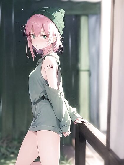 Freckled Cutie in Oversized Green Hoodie Seduces in Steamy Hentai AI Image