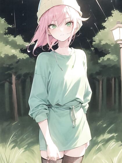 Freckled Girl 18+ in Green Clothes and Oversized Hoodie Gets naughty in Hentai AI Image