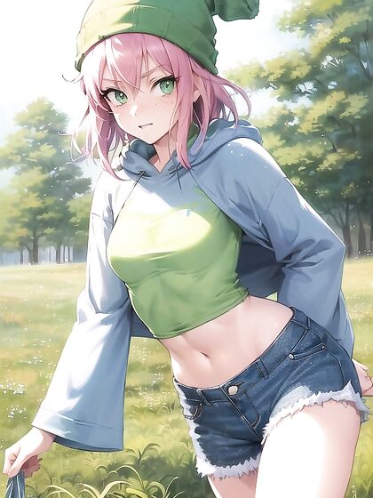 Freckled Beauty in Green Outfit Enjoying Pastel-Colored Hentai Pleasure