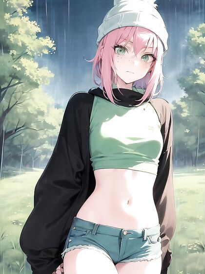 Freckled Beauty in Green and Pastel-Colored Outfits for Sensual Hentai Pleasure