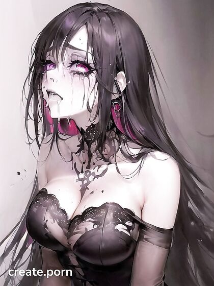 Goth Bride Tears Clothes, Smudged Makeup, Sad Mouth Open and Drooling for Kneeling Blowjob Hentai