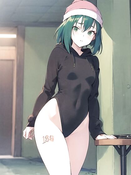 Freckled Beauty in Green Clothes and Oversized Hoodie Takes On Steamy Hentai AI Image