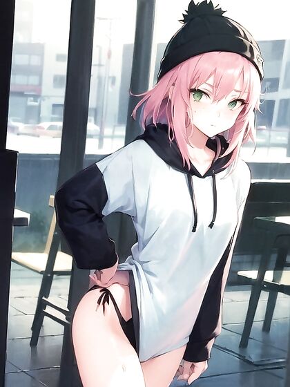 Freckled Chick in Oversized Hoodie and Green Outfit Seduces in Hentai AI Image