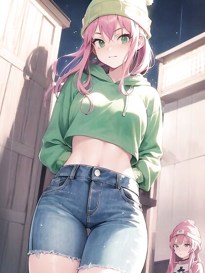 Freckled Beauty in Green and Pastel-Colored Outfit Enjoys Seductive Hentai AI Image