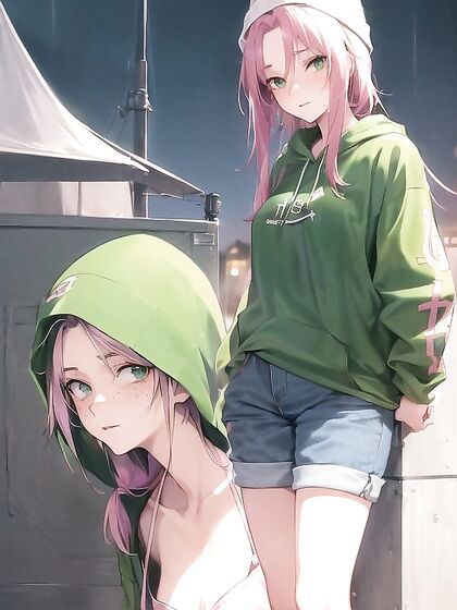 Freckled Beauty in Extra Large Green Hoodie forSTEAMY Hentai AI Image