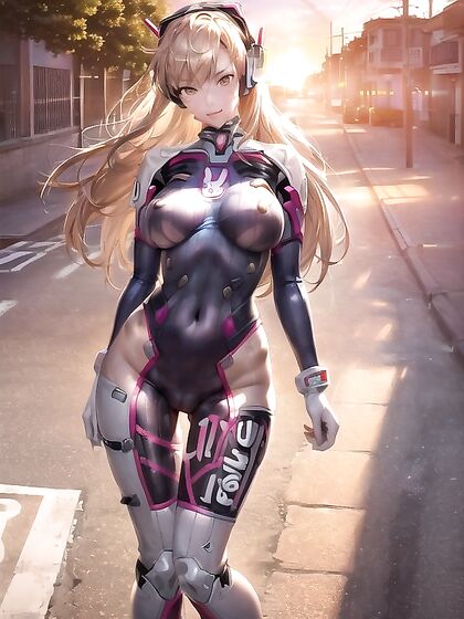 Bunny Emblem Bikini Top Shines at Sunset with Neon Pink Glow in Hentai AI Image