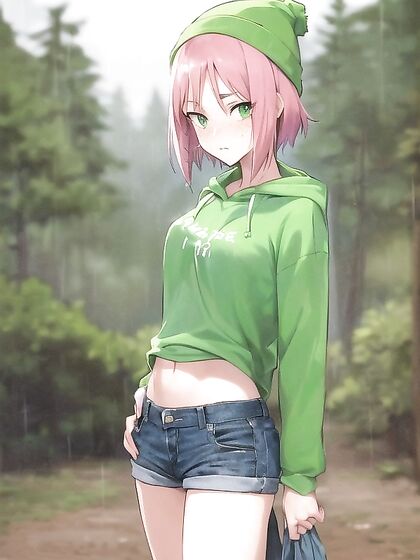 Freckled Beauty in Green Clothes and Oversized Hoodie for Steamy Hentai AI Image