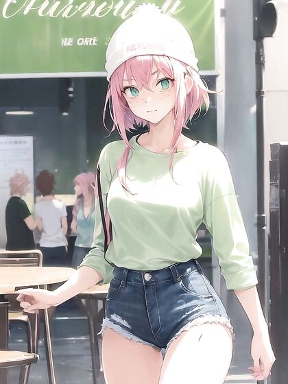 Freckled Beauty in Pastel Greens Drenched in Anime Passion
