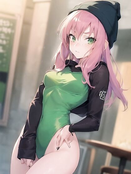 Freckled Girl 18+ in Oversized Hoodie and Green Outfit Seduces in Hentai AI Image