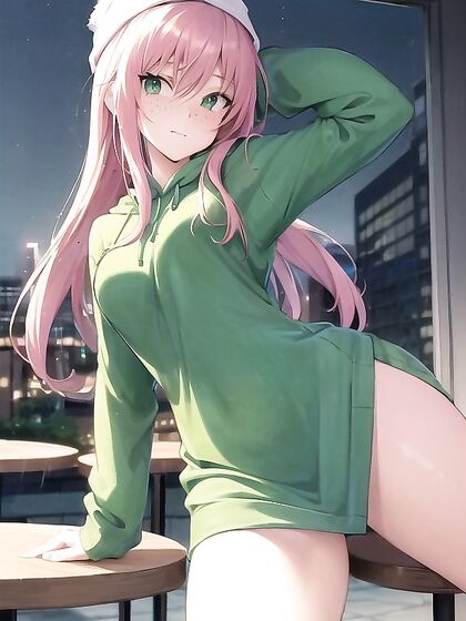 Freckled Girl 18+ in Green Clothes Wears Oversized Hoodie for Sexy Hentai AI Image