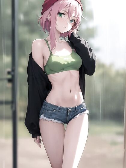 Freckled Babe in Green Clothing and Oversized Hoodie for steamy Hentai AI Image