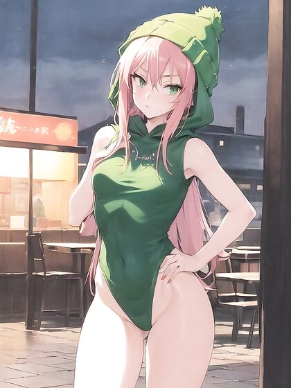 Freckled Cutie in Green Clothes and XL Hoodie Nails Hentai AI Image