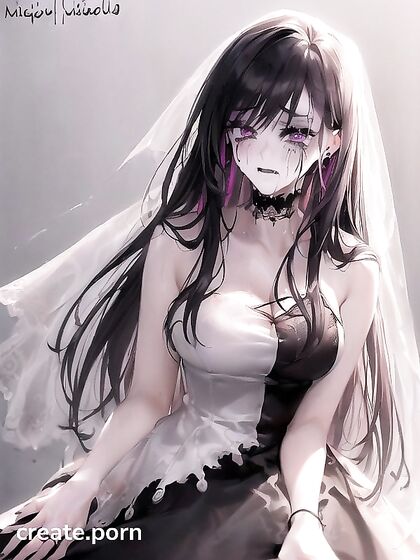Goth Bride with Smudged Makeup Gives Kneeling Blowjob in No-Shirt Hentai