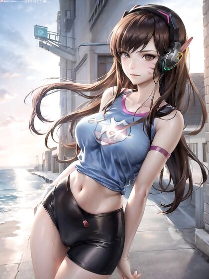 Neon Pink Glow Enhances Her Features withMech Tattoo in Seductive Sunset Hentai AI Image