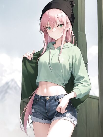 Freckled Beauty in Green Clothes and Oversized Hoodie Gets Wild in Hentai AI Image