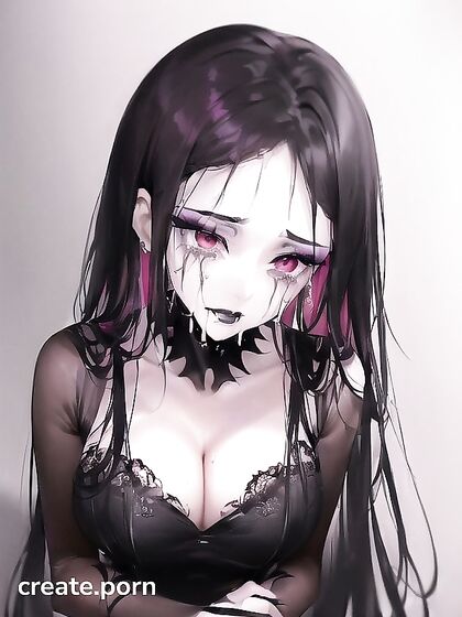 Goth Bride Tears Off Clothes, with Smudged Makeup for Drooling Blowjob Kneeling Hentai