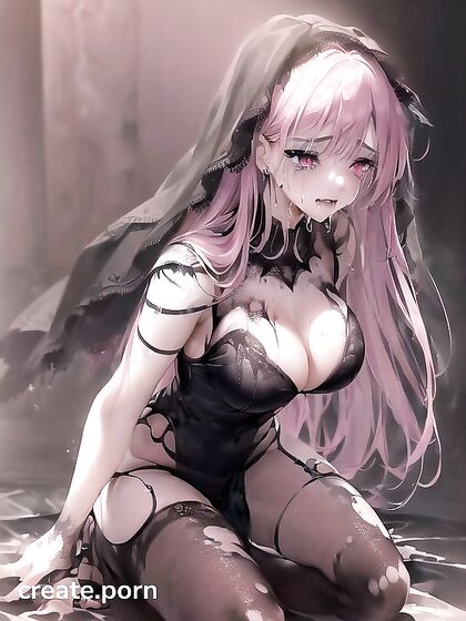 Goth Bride with Smudged Makeup Performs Kneeling Blowjob with Exposed Breasts