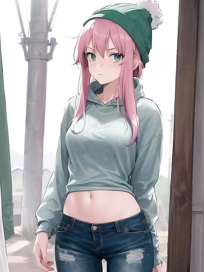 Freckled Babe in Green Clothing Wears Extra Large Hoodie for Horny Hentai AI Image