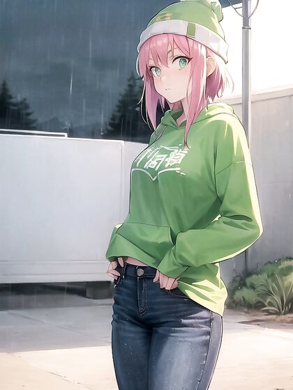 Freckled Beauty Wears Oversized Green Hoodie for Steamy Hentai AI Image