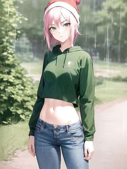 Freckled beauty in extra large green hoodie seduces in steamy Hentai AI Image