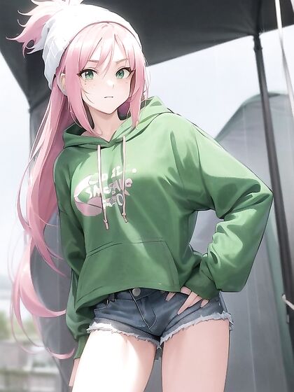 Freckled Cutie in Green Clothes and Oversized Hoodie Nails Hentai AI Image