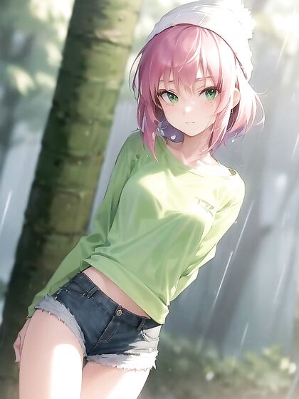 Freckled Beauty in Green Clothing and Oversized Hoodie Gets Naughty in Hentai AI Image