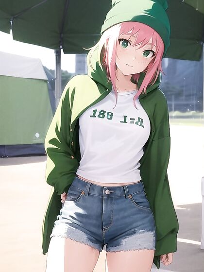 Freckled Girl 18+ in Green Clothing and XL Hoodie seduces in Erotic Hentai AI Image