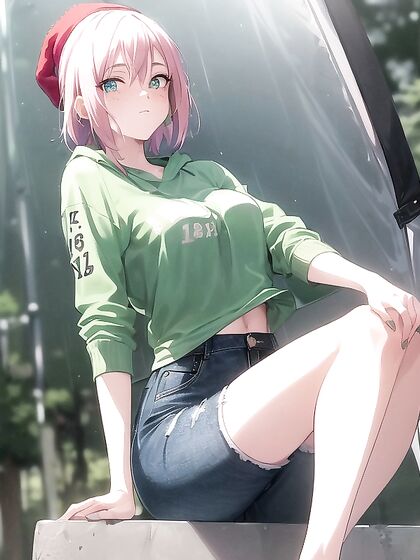 Freckled Beauty in Green Clothes Wears Oversized Hoodie for Horny Hentai AI Image