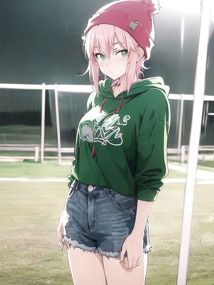 Freckled Girl 18+ in Green Clothes Wears Oversized Hoodie for Steamy Hentai AI Image