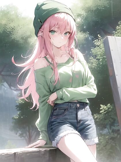 Freckled Beauty in Green Clothing Rocks an Oversized Hoodie in Steamy Hentai AI Image