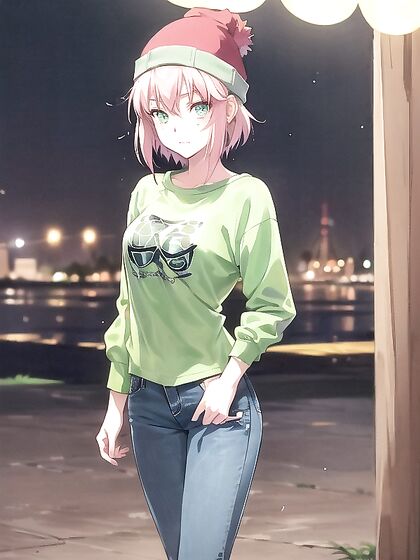 Freckled Beauty in Oversized Hoodie and Green Outfit Takes On Hentai AI Image