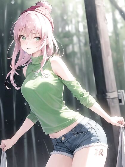Freckled Beauty in Green Clothes and XL Hoodie for Steamy Hentai AI Image