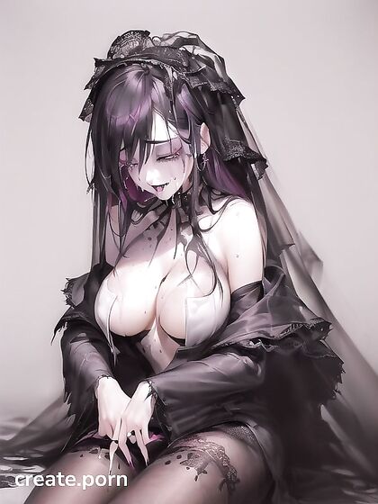 Goth Bride Tears Off Clothes, with Smudged Makeup for Drooling Blowjob Kneeling Hentai